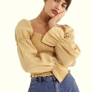 Urban Outfitters UO Gingham Cinched-Sleeve Blouse | Yellow and White | Size M